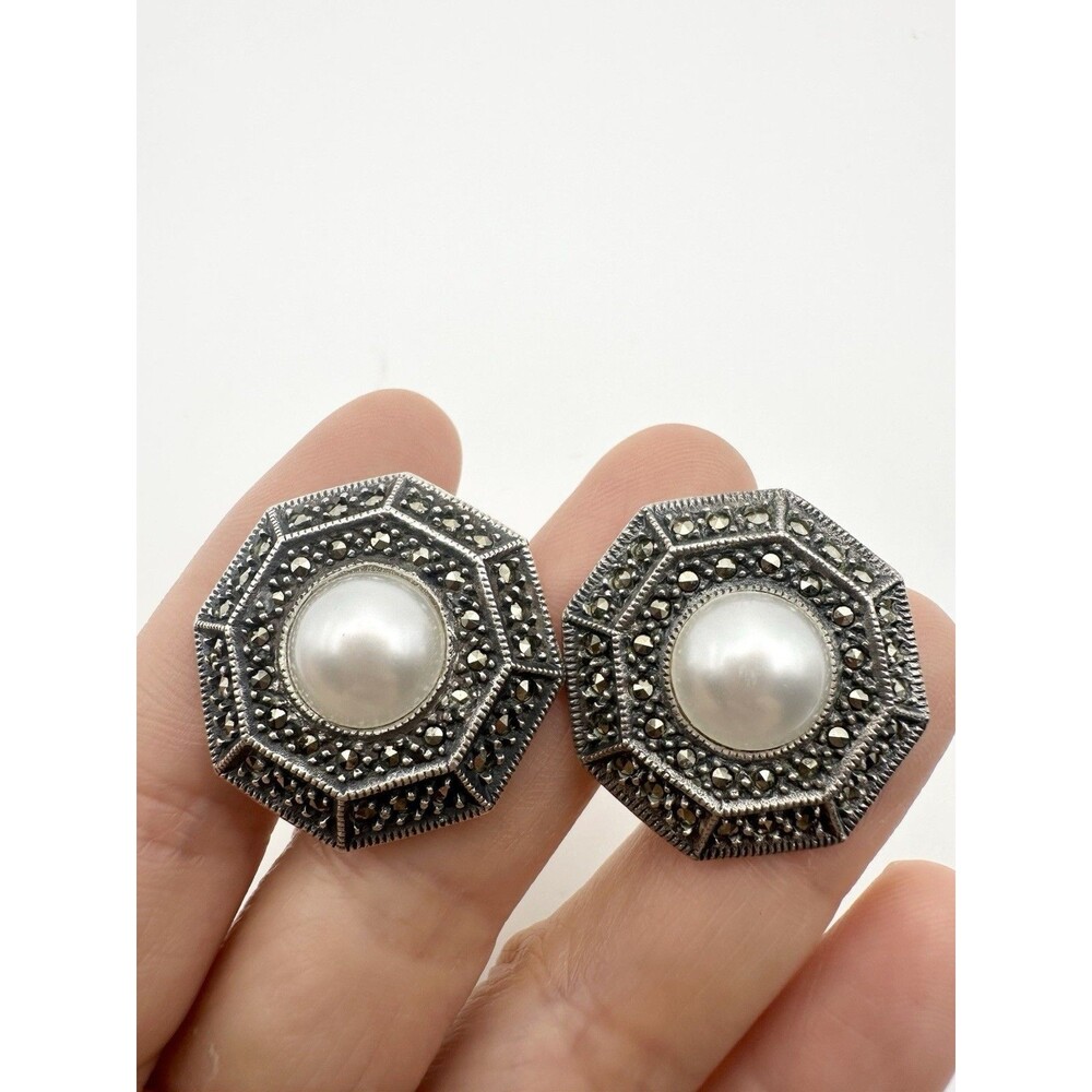 Vintage Judith Jack Sterling Silver Marcasite Faux Mabe Pearl Earrings